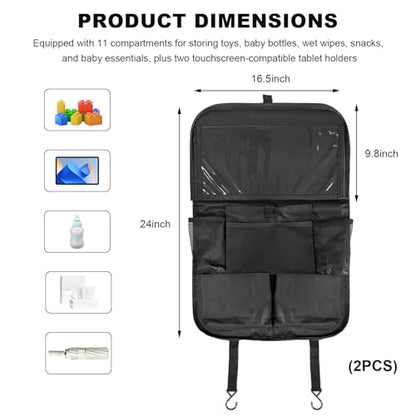 2 PCS Car Backseat Organizer with Tray, Waterproof Back Seat Protector with Touch Screen Tablet Holder, 11 Storage Pockets Anti-Scratch Kick Mat Universal for Family Road Trips
