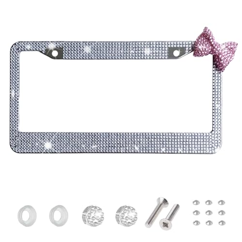 Wanheart 1 Pack White Bling License Plate Frame with Pink Corner Bow - color: White Frame + Pink Bow