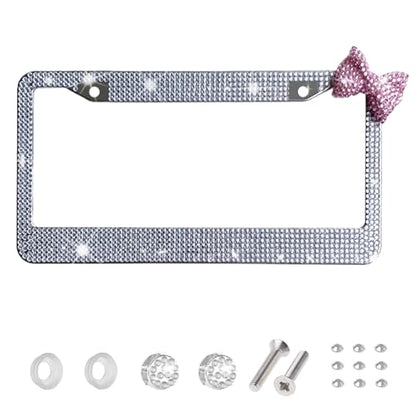Wanheart 1 Pack White Bling License Plate Frame with Pink Corner Bow - color: White Frame + Pink Bow