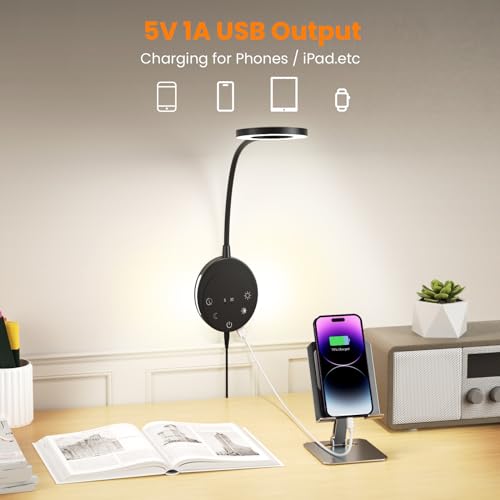 Wall Mounted Reading Light, Bedside Headboard Lights with 5 Color Temperature & 5 Dimming, 360 Flexible Gooseneck, USB Output, Night Light & Timer Function - Perfect for Reading (Black) - color: Black