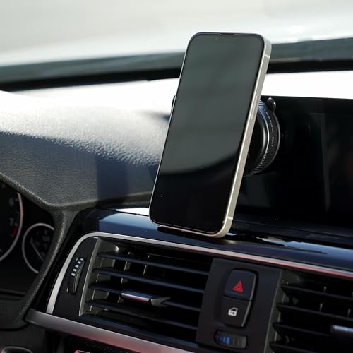 Magnetic Vaccum Car Phone Holder, Enlarged Suction Cup for Smooth Surfaces (Dashboard/Mirror/Glass), Adjustable Car Mount Stand with Metal Ring for iPhone 12-16&Other Phones, Hands-Free, Black