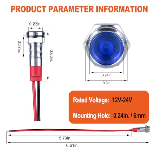 10Pcs 6mm (1/4") 12V-24V AC/DC 20mA Meatl LED Indicator Light Wide Flat Head Waterproof Signal Lamp Pilot Dash Directional with Wire（Blue LED 10Pcs - color: Blue, size: 6mm / 12V-24V
