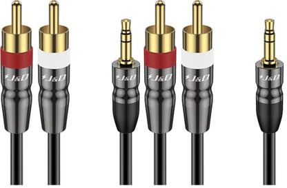 J&D 3.5 mm to Dual RCA Male Stereo Audio Cable, Heavy Duty RCA Cable Gold Plated Copper Shell 3.5mm Male to 2 RCA Male Cable for Smartphone/MP3 Player/Tablet, 6 Feet (Pack of 2) - size: 6 Feet (Pack of 2)