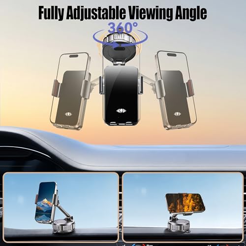Car Phone Holder Charger, 15W Wireless Car Charger with Auto Clamp & Smart Sensor, Rotating Vacuum Suction Cup Dashboard/Windshield Phone Mount, 360° Adjustable Car Mount for iPhone, Samsung, Black - size: for General Suction Cup PM
