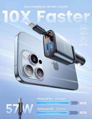 Lamicall Retractable Car Charger USB C 57W Charging for iPhone 17 16 15 - color: Dark grey