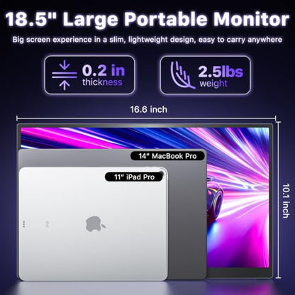 VisionOwl Portable Monitor 18.5 Inch 2K QHD 120Hz Second Screen, USB-C HDMI HDR Travel Monitor for Laptop PC MacBook PS5 Xbox, VESA Mountable, with Speakers, Built-in Kickstand - size: 18.5 inch