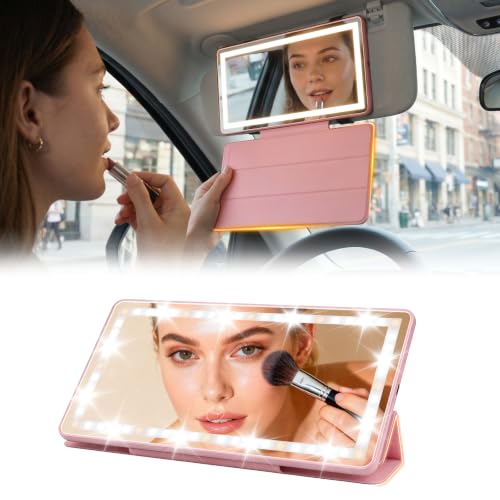 Car Visor Vanity Mirror with Protective Cover, LED Makeup Mirror with 3 Light Modes, Dual Rechargeable Dimmable Touch Control Travel sun visor Mirror, Universal for Car Truck SUV - color: Pink-1Pcs