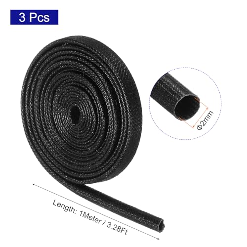 MECCANIXITY 3Pcs Wire Insulation Braid Fire Sleeve,3.28Ft-2mm ID Black, High Temp Silicone Coated Fiberglass Sleeving for Automotive Hose Lines Electrical Wiring - color: Black, size: 3.28Ft-2mm