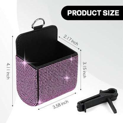 Car Vent Storage Organizer, Rhinestone Auto Air Vent Leather Storage Pouch, Bling Automotive Hanging Bag Pocket Case, Universal Car Mount Cell Phone Sunglasses Coin Holder (Pink) - color: Pink