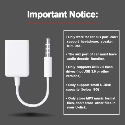 Oxsubor AUX to USB Adapter, 3.5mm Male Audio Jack to USB 2.0 Female Converter Cable, Only Work for Car AUX-in with MP3 Decoder, Not for Headset, Speakers, Phone,Computers, Camera,Microphone, Monitor
