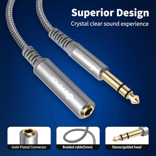 1/4 inch Headphone Extension Cable, 6.35mm TRS Male to Female Stereo Cord, Quarter Inch Guitar Cable Extender, 15ft (4.5 Meters) - color: Silver 4.5M/15FT