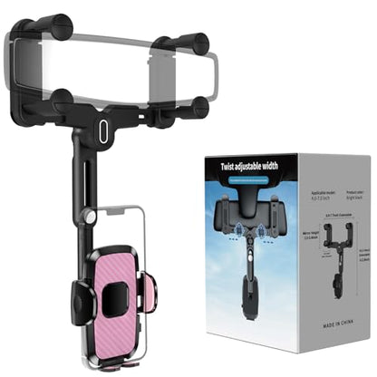 Phone Mount for Car, Rear View Mirror Phone Holder, Rotatable and Retractable Car Phone Holder Mount Rearview Mirror Phone Holder for Car Compatible with iPhone Samsung Cell Phones (Pink) - style: Pink