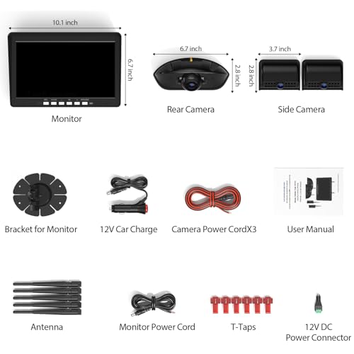 3 Wireless Backup Camera: 10.1'' DVR HD1080P Monitor, 1 Rear View+2 Side View Cameras, IP69K Waterproof, IR Night Vision, Compatible with Furrion Pre-Wired RVs - ZEROXCLUB BY503 - size: 10.1"-3 Cam