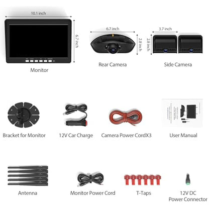 3 Wireless Backup Camera: 10.1'' DVR HD1080P Monitor, 1 Rear View+2 Side View Cameras, IP69K Waterproof, IR Night Vision, Compatible with Furrion Pre-Wired RVs - ZEROXCLUB BY503 - size: 10.1"-3 Cam