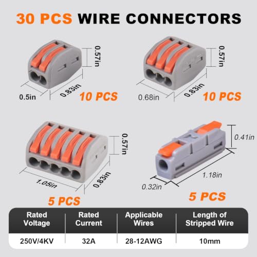 30PCS AVARBUVO Lever Wire Connectors, Quick Wire Connectors Push-in, 2/3/5 Port Combination Kit with 1 in 1 Out Inline Terminals for Splicing 28-12 AWG - size: 30PCS