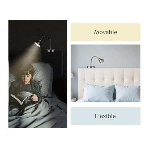 Solfres Patented Innovative Design Headboard Reading Light. No Drilling Golden Book Light for Bedtime Reading. Dimmable LED Book Reading Lamp with Bulb. Movable & Flexible, Silver - color: Silver, size: M