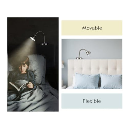Solfres Patented Innovative Design Headboard Reading Light. No Drilling Golden Book Light for Bedtime Reading. Dimmable LED Book Reading Lamp with Bulb. Movable & Flexible, Silver - color: Silver, size: M