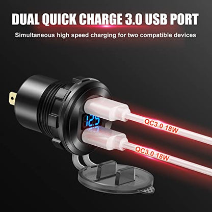 12V/24V USB Outlet Quick Charge 3.0 Dual Port Car Charger Socket with Blue Voltmeter, Waterproof Aluminum Cigarette Lighter USB Charger DIY Kit for Car Marine Motorcycle RV Boat Golf Cart, etc.