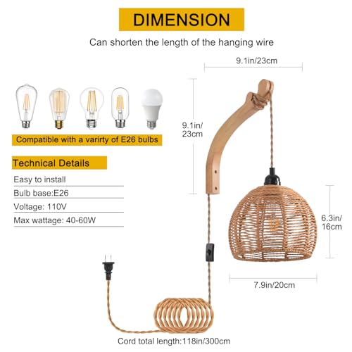 Plug in Wall Sconce,Farmhouse Wicker Wall Lamp Plug in,Hand Woven Rattan Wall Light Farmhouse Rustic Boho Sconces Wall Lighting for Living Room Bedroom - color: Rattan, size: 1 Pack 7.87IN