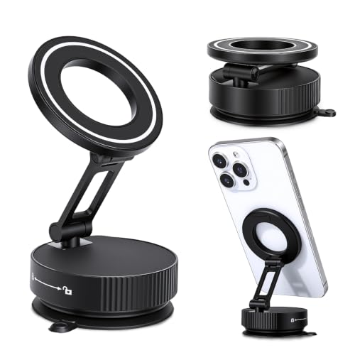 LifetimeWarranty Strong Magnetic Car Phone Holder, 360°Adjustable Car Mount w/ Vacuum Suction,Pocket Size Strong Magnetic Suction Phone Mount for Dashboard and Windshield, Compatible with iPhone 12-17 - color: Black
