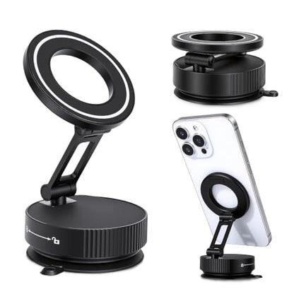 LifetimeWarranty Strong Magnetic Car Phone Holder, 360°Adjustable Car Mount w/ Vacuum Suction,Pocket Size Strong Magnetic Suction Phone Mount for Dashboard and Windshield, Compatible with iPhone 12-17 - color: Black