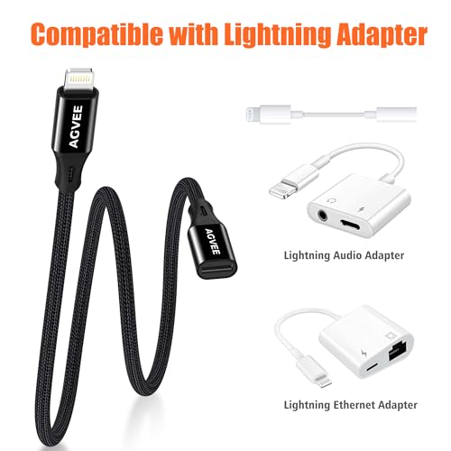 AGVEE 2 Pack 1ft Lightning Extension Cable - color: Black, size: 1ft+1ft