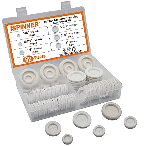 ISPINNER 52pcs 6 Sizes Rubber Grommet, Double Sided Round Rubber Hole Plug, Drill Hole 5/8" 13/16" 7/8" 1" 1-3/16" 1-1/2" (White) - color: White