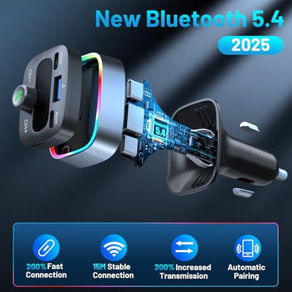 Bluetooth 5.4 Car Adapter 60W Charging USB Bluetooth Adapter for Car,Wireless Fm Transmitter Radio,Handsfree Calling and Audio Receiver,HiFi Music Player,7 Colors LED Backlit - color: Colorful-60W