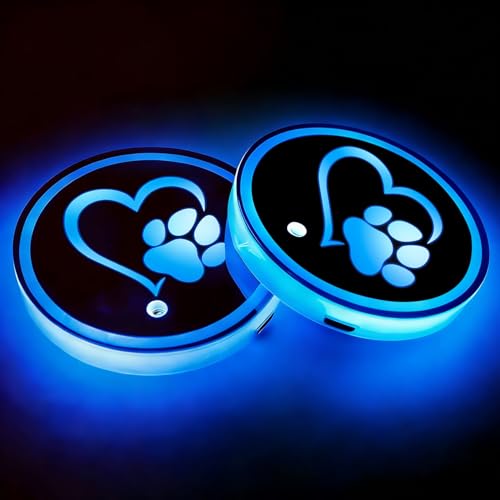 2Pcs Heart Dog Paw LED Car Cup Holder Coasters 7 Colors Lights Up Cups - color: Paw With Heart