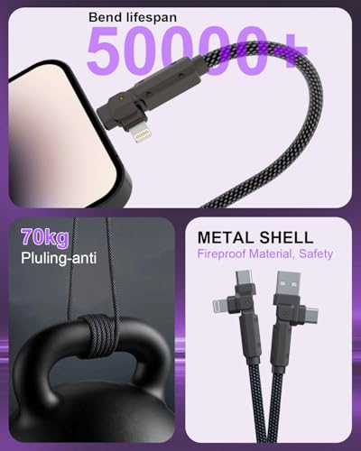 90 Degree USB C Cable for iPhone 17 16 Pro Max, 4in1 USB-C/A to C/Lightning Cable 6FT, 60W Fast Multi Charging Cord with 90° Rotating Swivel USBC/Lightning Adapter for Apple 15 14 13,Carplay,Auto
