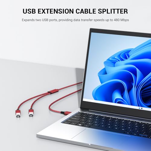 6.6FT USB Splitter 2 in 1 Out, A Male to 2 Female Extension Cable,Red - color: Red, size: 6.6FT