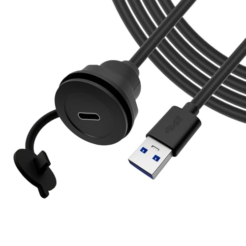USB A 3.0 to USB C Panel Mount Extension Cable USB3.0 Male to Type C Female Threaded Fixed Mount Cable Embedded Waterproof Round Converter, 5V/2A 5Gbps, Black (2M/6.6Ft) - style: 2M/6.6Ft