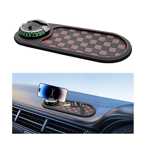 HZEL Car Dash Anti-Slip Pad, 3 in 1 Rotating Vehicle Dashboard Mat with Temporary Parking Number, Anti-Shake Auto Phone Sunglasses Keys Holder Organizer Pad, Universal Fit (Black/Brown) - color: Black/Brown