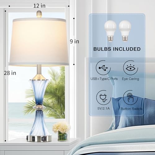 Rinweey Blue Glass Table Lamp with USB C+A Ports & AC Outlet,Coastal Bedside Lamp for Night Stands Bedroom Living Room,Nightstand Lamp LED Bulbs Included,Single Blue - color: Blue-1P