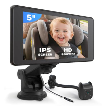 Baby Car Camera Monitor | 5" 1080P IPS Suction Cup Screen - 360° Rotation IR Night Vision 3X Zoom - USB Powered Headrest Mount for Baby Car Cam - size: 5-inch + Single Camera