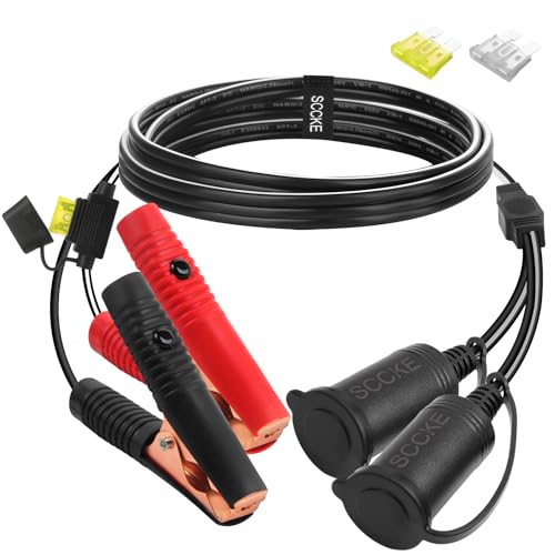 6ft / 1.8m 14 AWG Extension Cord Dual Plug Socket with Battery Clamp 12V/ 24V Battery Clip-On and Cigarette Lighter Adapter