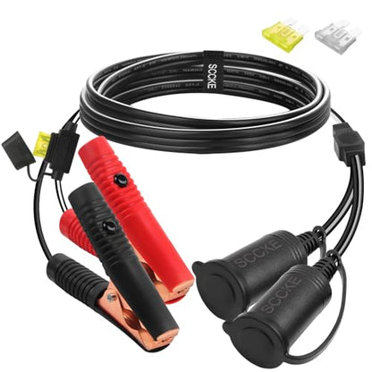 6ft / 1.8m 14 AWG Extension Cord Dual Plug Socket with Battery Clamp 12V/ 24V Battery Clip-On and Cigarette Lighter Adapter