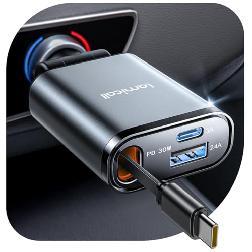 Lamicall Retractable Car Charger USB C 57W Charging for iPhone 17 16 15 - color: Dark grey