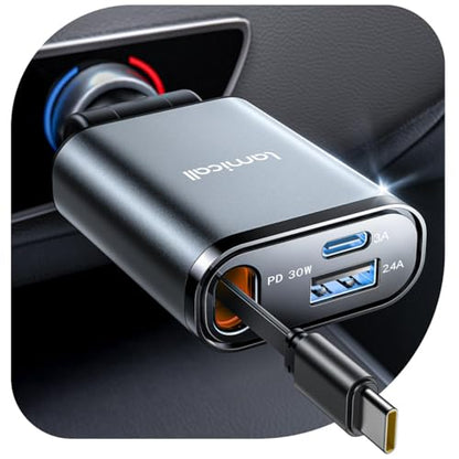 Lamicall Retractable Car Charger USB C 57W Charging for iPhone 17 16 15 - color: Dark grey