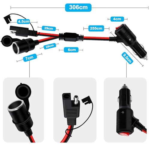 Cigarette Lighter Cable with On Off Switch 12V 24V SAE to Cigarette Lighter Plug with Switch 14AWG 20A Fuse with LED Light, Waterproof Cover Suitable for Cars, Motorcycles, Boats (3 m/10 ft) - size: 3 m/10 ft