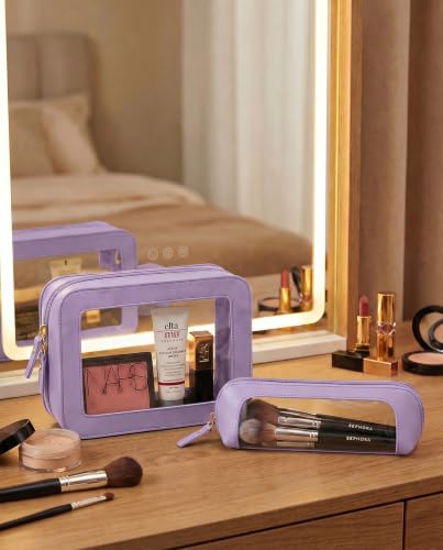 LETGO Makeup Bag Set Cosmetic Pouch for Women Waterproof PU Leather,Travel Toiletry Bag Cute Makeup Organizer Purse Pouch Preppy Pencil Case with Zipper (2Pack-Standard&Slim, Purple) - color: Purple, style: 2pack-standard&slim