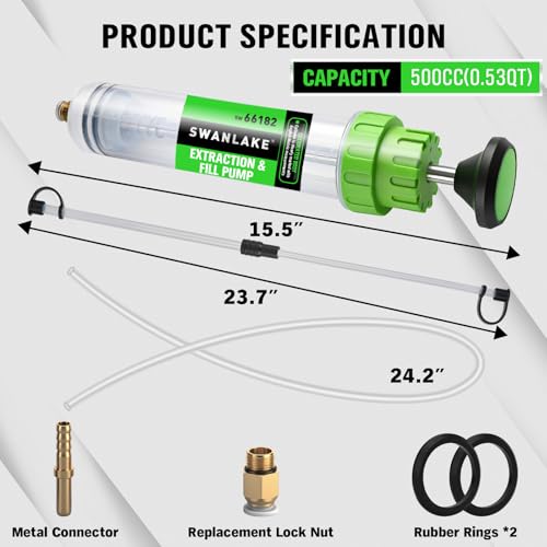 SWANLAKE 500cc Fluid Extractor & Fill Pump, Automotive Fluid Pump Extractor, Oil Change Pumps with 23'' Long Hose, 2PCS 12'' Extension Tubes, Suction Pumps for Lawn Mowers Cars - color: 500ML with Hose Green