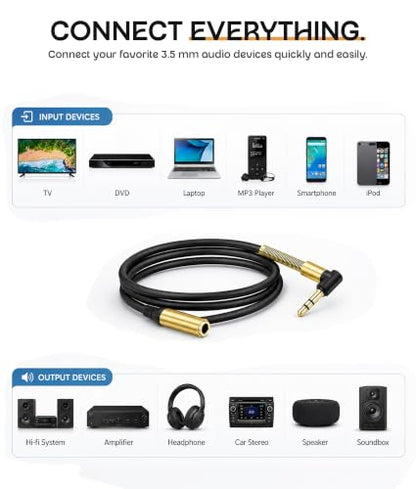 ULTRICS Headphone Extension Cable, 3.5mm Extension Cable, Right Angle Male to Female Headphone Jack Extender, AUX Cord Extender Compatible with Smartphone Tablet MP3 Speaker Headset Car Stereo (1M) - size: 1M