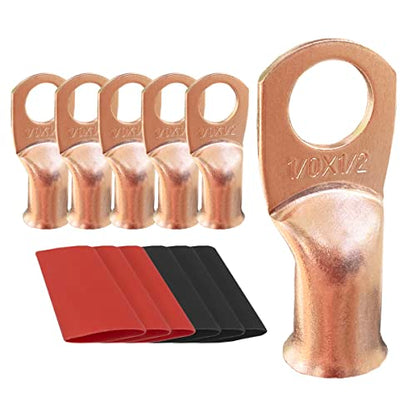 10pcs 1/0 AWG-1/2 Ring Battery Lugs, Copper Lugs, Battery Cable Ends, Tubular Ring Terminals, Crimp Wire Ring Lugs, Battery Terminal Connectors with Heat Shrink Tubing (10, 1/0 Awg - 1/2" (M12) Ring) - size: 1/0 Awg - 1/2" (M12) Ring