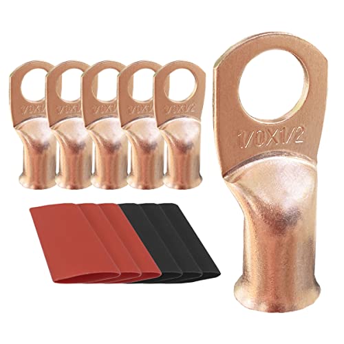10pcs 1/0 AWG-1/2 Ring Battery Lugs, Copper Lugs, Battery Cable Ends, Tubular Ring Terminals, Crimp Wire Ring Lugs, Battery Terminal Connectors with Heat Shrink Tubing (10, 1/0 Awg - 1/2" (M12) Ring) - size: 1/0 Awg - 1/2" (M12) Ring