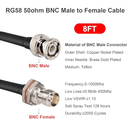 MOOKEERF BNC Cable - 50 ohm RG58 BNC Male to Female Coax Cable Bulkhead 8FT Low Loss Antenna Extension Cable for CB Radio/VHF Ham Radio/Wireless Microphone/Antenna/CCTV/Amateur Radio etc - size: 8FT