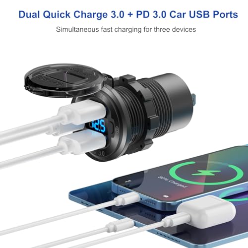 12V USB Outlet Marine Switch Panel Plug, PD3.0 and Dual QC3.0 USB Ports Aluminum Car Charger with LED Voltmeter Power Switch, Lighted 150W Cigarette Lighter Socket 2 in 1 DIY Kit for Boat RV ATV, etc. - color: Charger+Socket