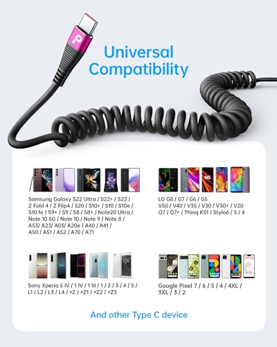 USB C Cable Fast Charging, 2Pack 5ft Coiled USB A to USB C Cable for Car - color: Rose Red, size: 5FT, style: USB A to USB C