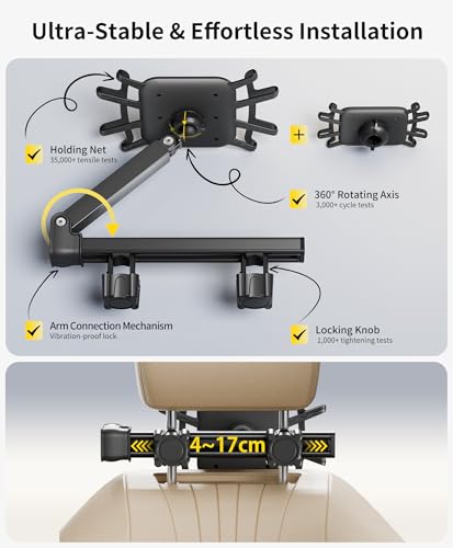 FANGOR Tablet Holder for Car - [3 in 1 Adjustable Extension Arm] Upgraded iPad Holder for car Backseat with Holding Net, Road Trip Essentials for Kids, for 4.7-13" iPad Pro, Air, Mini, Fire HD, Phone - size: 1 Pack - fit for 4.7-13" tablet and phone