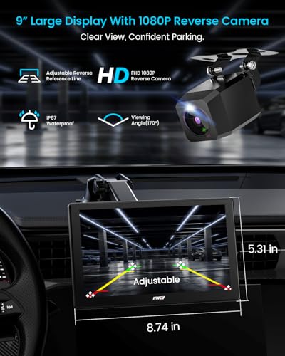 IK5 9" Wireless Apple CarPlay & Android Auto Screen, Portable Car Stereo with 4K Dash Cam & 1080p Backup Camera, Add CarPlay to Any Vehicle, Touchscreen, Mirror Link